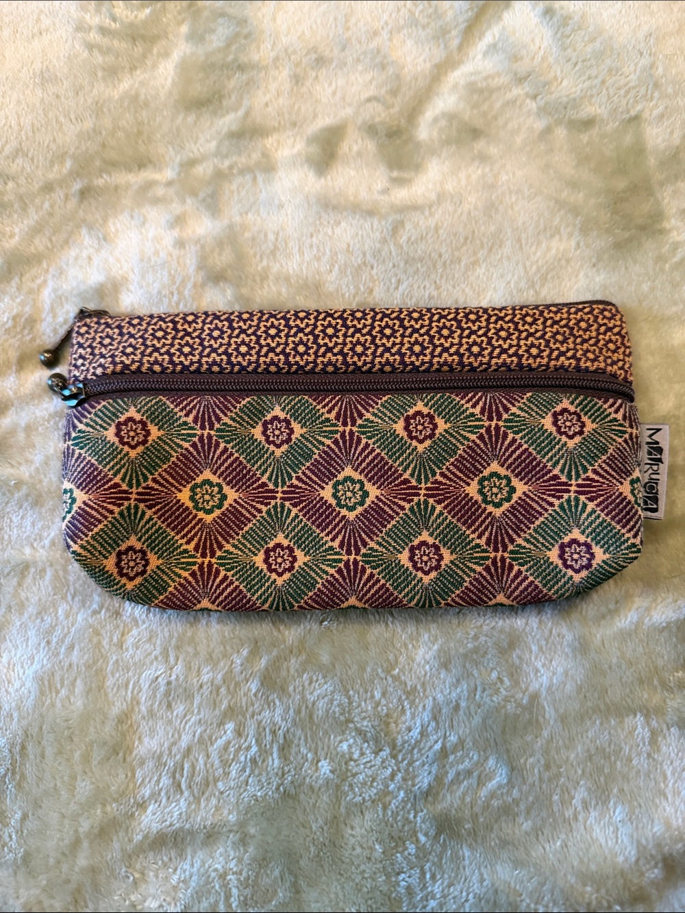 Maruca Green & Purple Woven Double Zip Cosmetic Pouch / Clutch